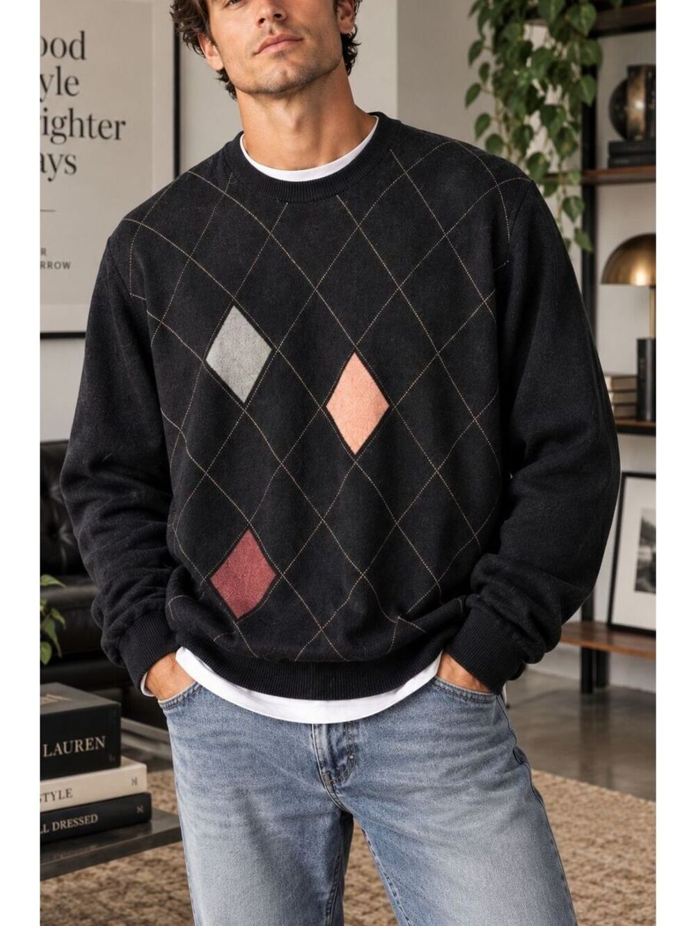 Raffi Cashmere Men's XL Argyle 100% Cashmere Sweater Gray Black Diamond Crewneck
